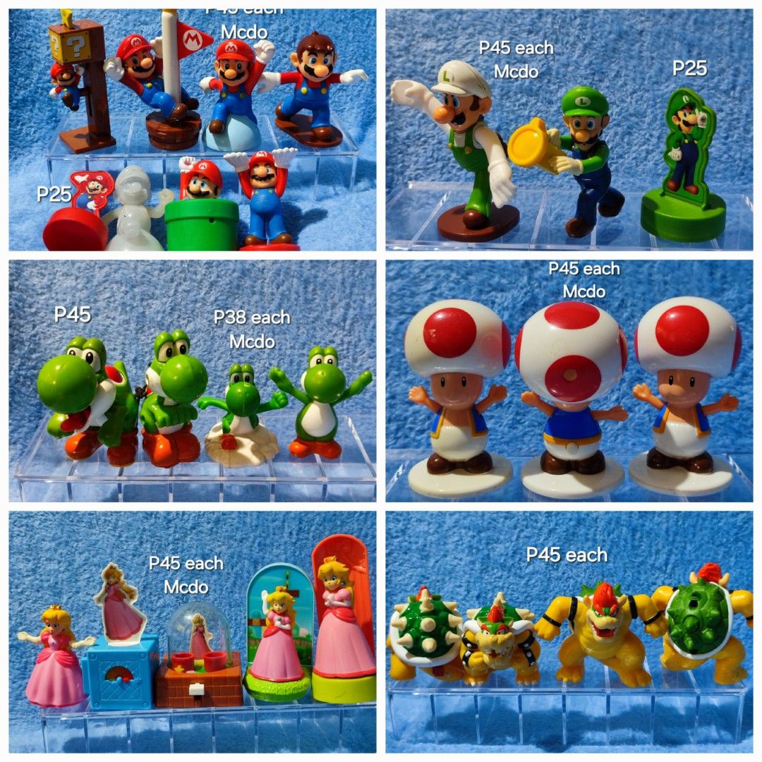 SUPER MARIO Characters-Mcdo Toys (Category: Character Goods) located in Baguio. Submitted by abigailmyra (Listing ID 1312690772, Image 1). Description: PHP 25, 35, 45 each details in the pictures by Mcdo Mario, Luigi, Princess Peach, Yoshi, Bowser, Toad loc: Baguio -CAR.