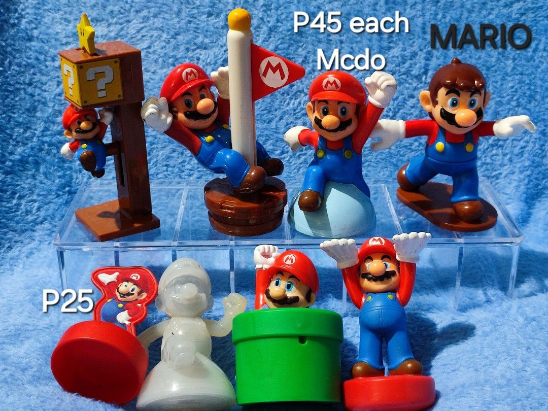 SUPER MARIO Characters-Mcdo Toys (Category: Character Goods) located in Baguio. Submitted by abigailmyra (Listing ID 1312690772, Image 2). Description: PHP 25, 35, 45 each details in the pictures by Mcdo Mario, Luigi, Princess Peach, Yoshi, Bowser, Toad loc: Baguio -CAR.