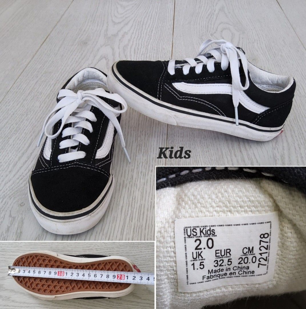 Vans Kids Size US 2 UK 1.5 EUR 32.5 Children Boy Girl Sports Shoes Sneaker Black Colour Sneakers with White Shoe Lace