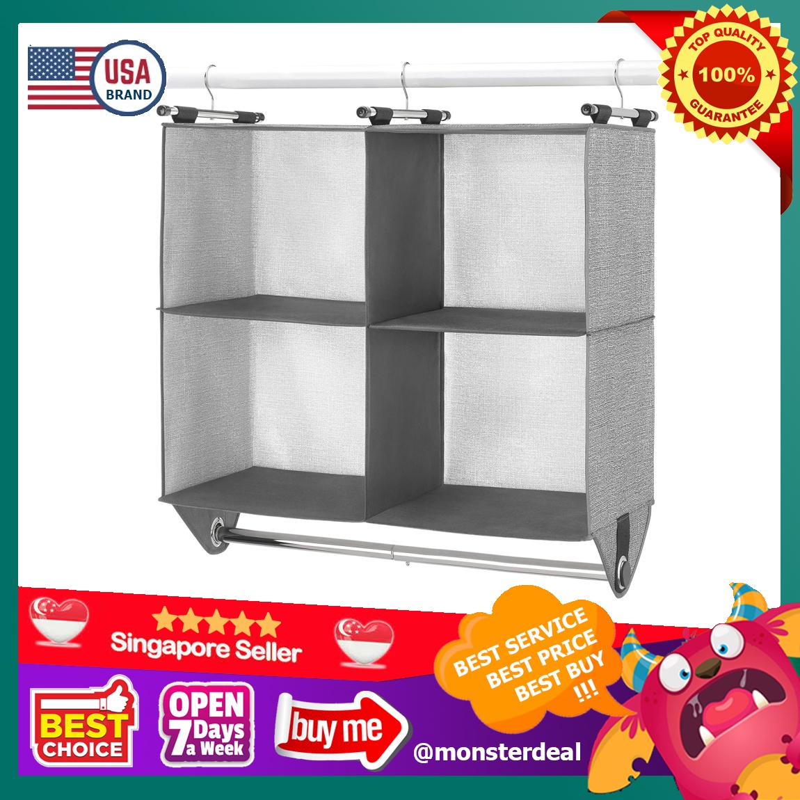 Whitmor 4 Section Fabric Closet Organizer Shelving with Built In Chrome Garment Rod