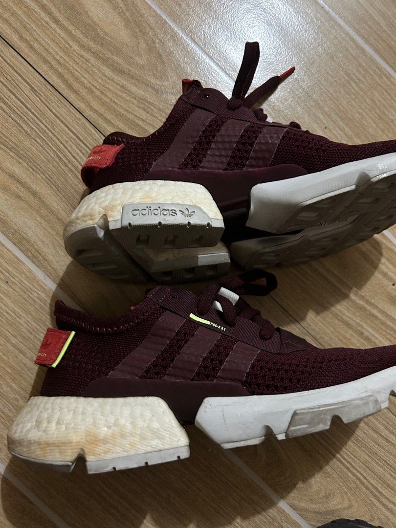 Adidas Maroon Sneakers (Category: Sneakers) located in Makati City. Submitted by declutterwjn_ (Listing ID 1312972712, Image 1). Description: Bought in HK, was just stored and not used much. Parts of the sides are pretty yellowish, as seen on the photos. I think they can be cleaned/whitened and removed. .