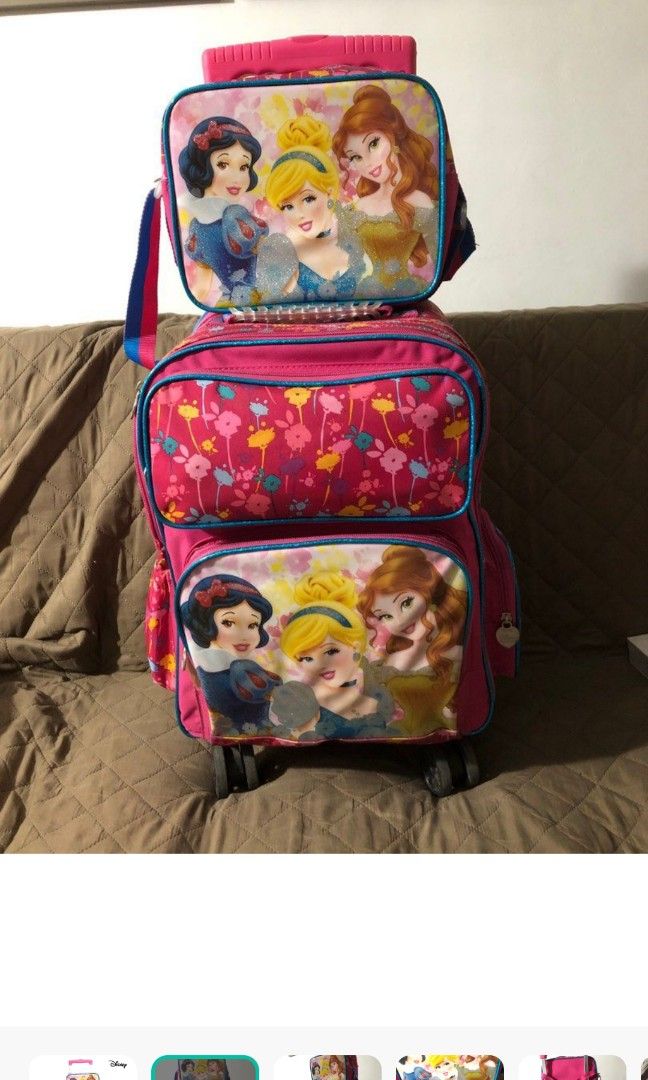 Disney 16" trolley school bag (Category: Other Babies Going Out Needs) located in Manila. Submitted by cristina_dy (Listing ID 1312858628, Image 2). Description: orig Disney 16" trolley school bag lightly used still with lights with lunch bag and bottle good for kinder to grade 3 orig price - 2500 to 3500 pesos.