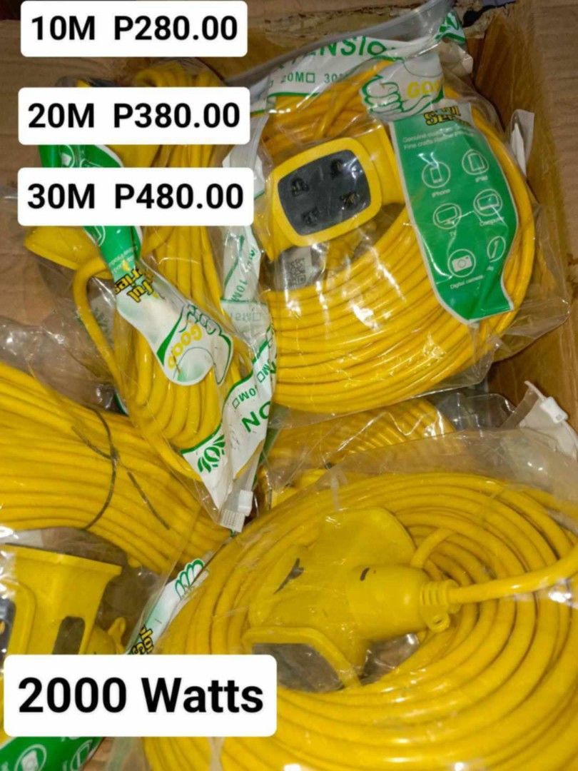 EXTENSION CORD WITH SOCKET AND PLUG UP TO 2000 WATTS (Category: Electrical, Adaptors & Sockets) located in Pasig City. Submitted by benildarustia18 (Listing ID 1312902026, Image 3). Description: Available in 10 ,20 and 30 meters . BRAND NEW AND ONHAND UP TO 2K WATTS.