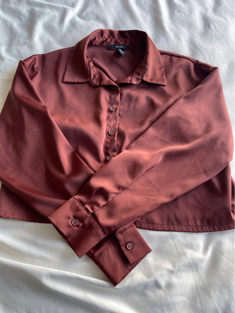 FOREVER 21 Satin Drop Longsleeve Crop Top (Category: Blouses) located in Makati City. Submitted by wornbyabby (Listing ID 1312902388, Image 3). Description: • Cute piece • Purchased for almost ₱1,200 on Zalora! .