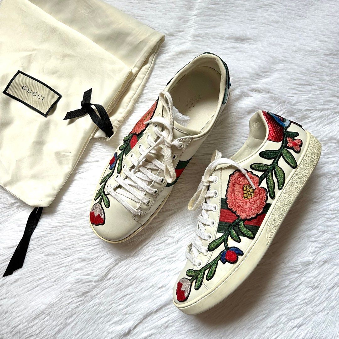 Cream Gucci Ace Flowers GUCCI White Leather Ace Sneaker TheDoubleF