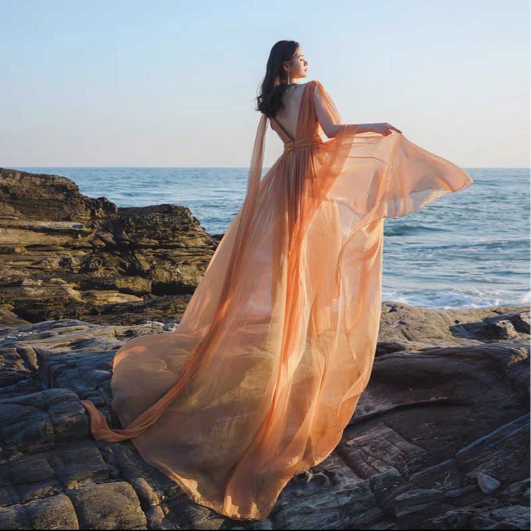 Iridescent Orange Chiffon Gown photoshoot pre wedding beach resort