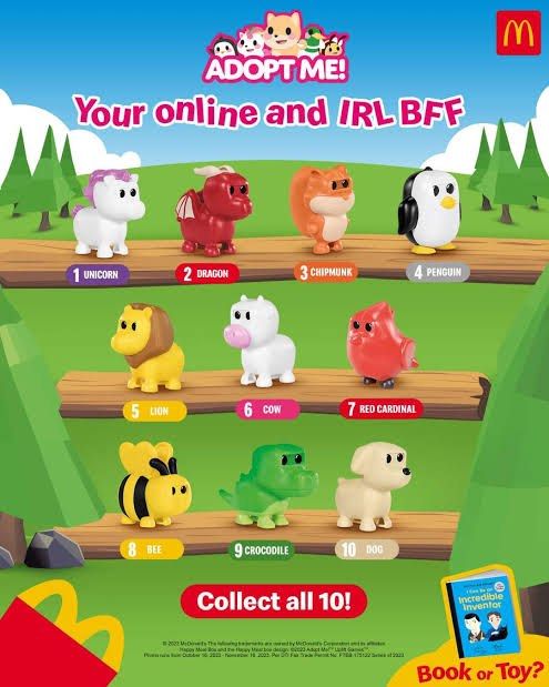 Mcdo Adopt Me Pets Happy Meal Toy (Category: Designer & Blind Box Toys) located in Manila. Submitted by sytakayama (Listing ID 1312918393, Image 1). Description: used With box 45 each take all for 250.