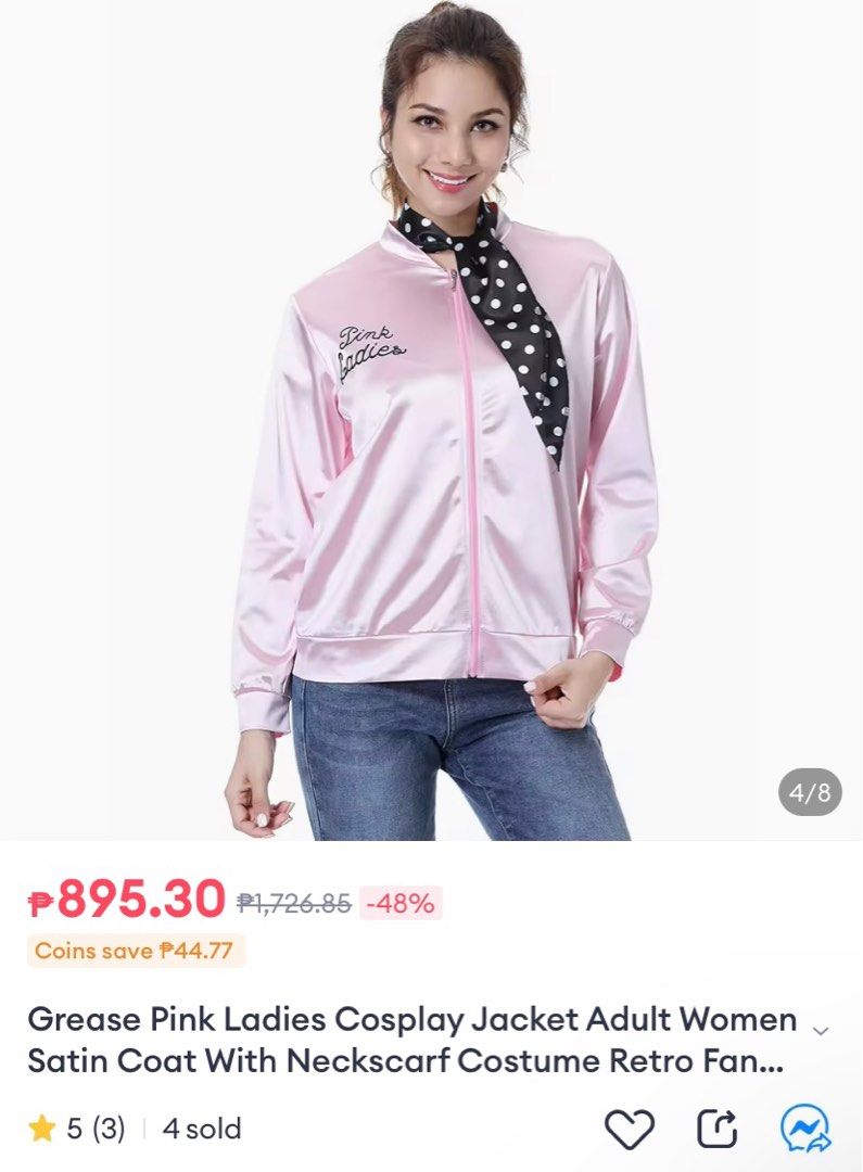 Plus size Grease Costume Pink Ladies (Category: Coats, Jackets and Outerwear) located in Quezon City. Submitted by patsutsay21 (Listing ID 1312929699, Image 3). Description: Grease costume Pink Ladies for Plus Size Size 3XL Used once only.