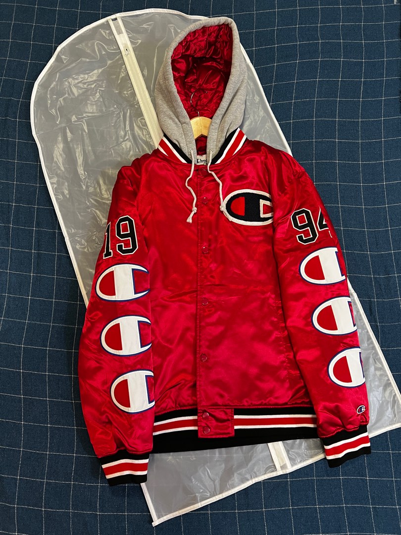 Supreme champion hooded satin varsity jacket red deals