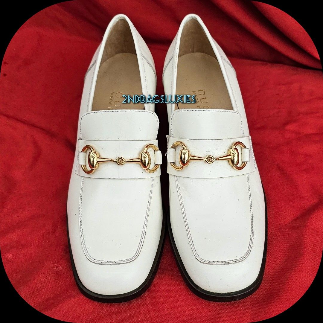 Sz 36 Gucci Horsebit White Leather Block Heels Loafers Shoes