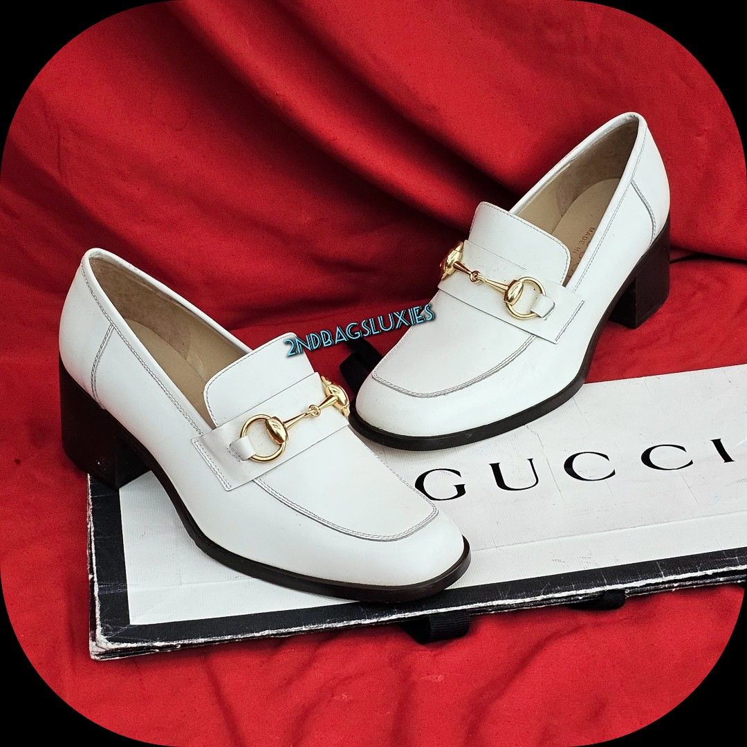 Sz 36 Gucci Horsebit White Leather Block Heels Loafers Shoes