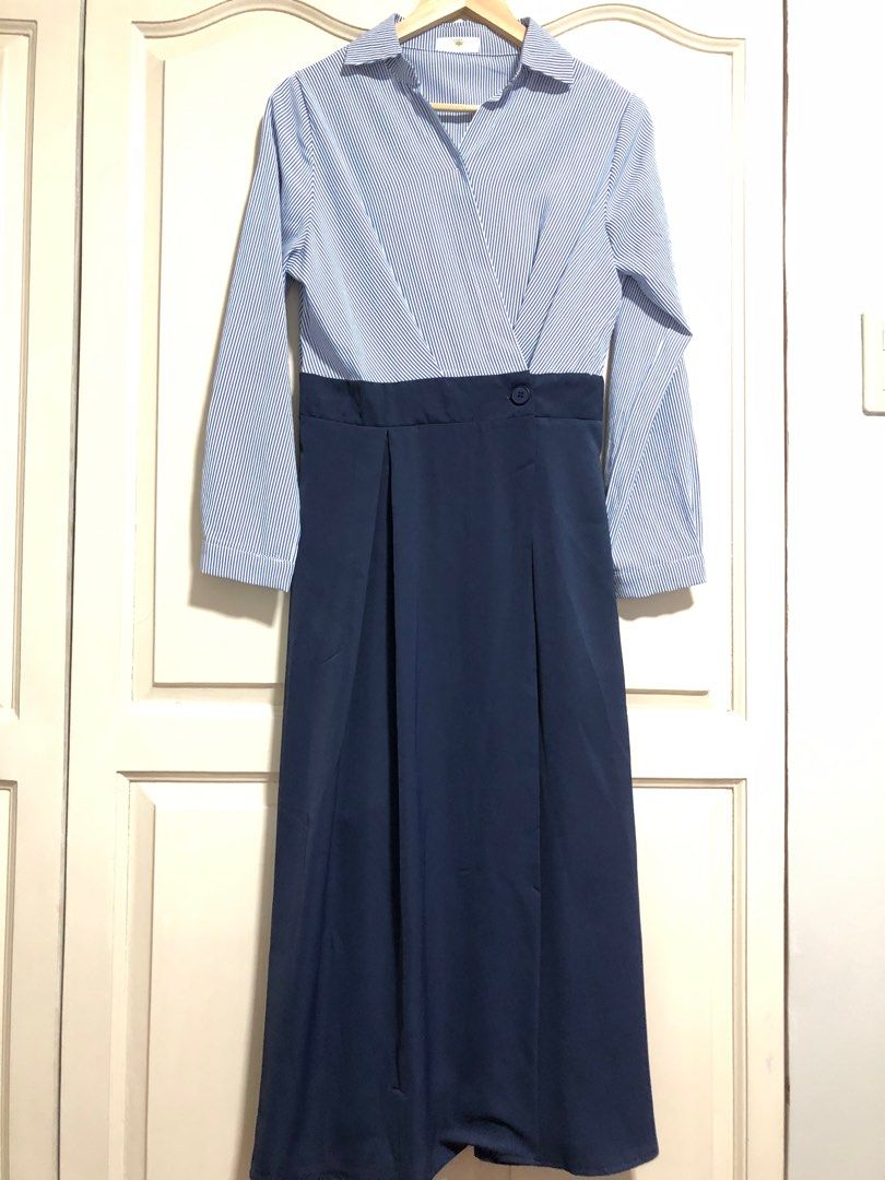 Wrap dress (Category: Dresses) located in Mandaluyong City. Submitted by applebss (Listing ID 1312962006, Image 1). Description: Long sleeves, blue striped wrap dress. Brand new. Bought in Taiwan. Made in Korea.