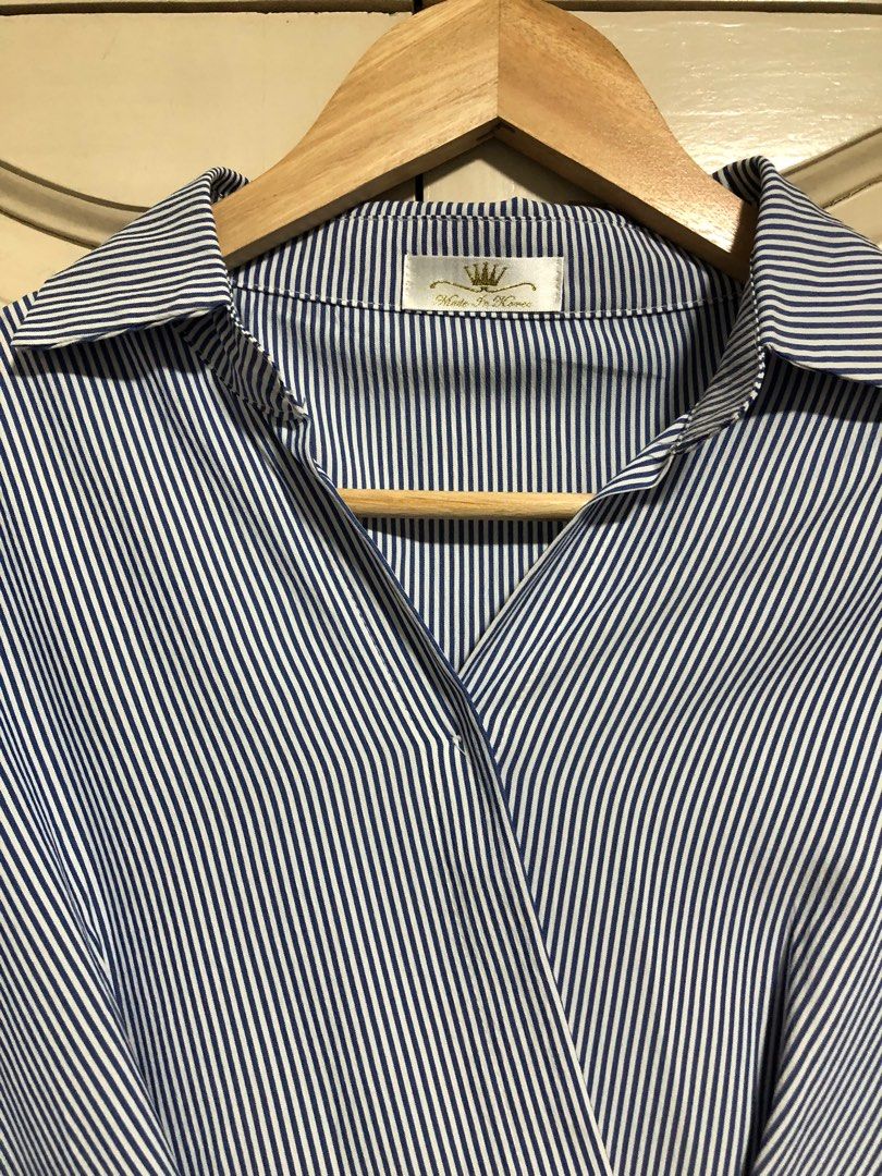 Wrap dress (Category: Dresses) located in Mandaluyong City. Submitted by applebss (Listing ID 1312962006, Image 2). Description: Long sleeves, blue striped wrap dress. Brand new. Bought in Taiwan. Made in Korea.