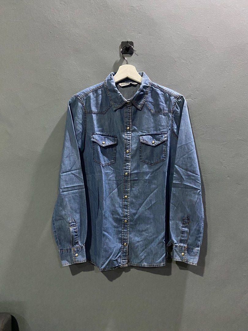 Zara kemeja denim zara basic z1975 denim, Fesyen Wanita, Pakaian