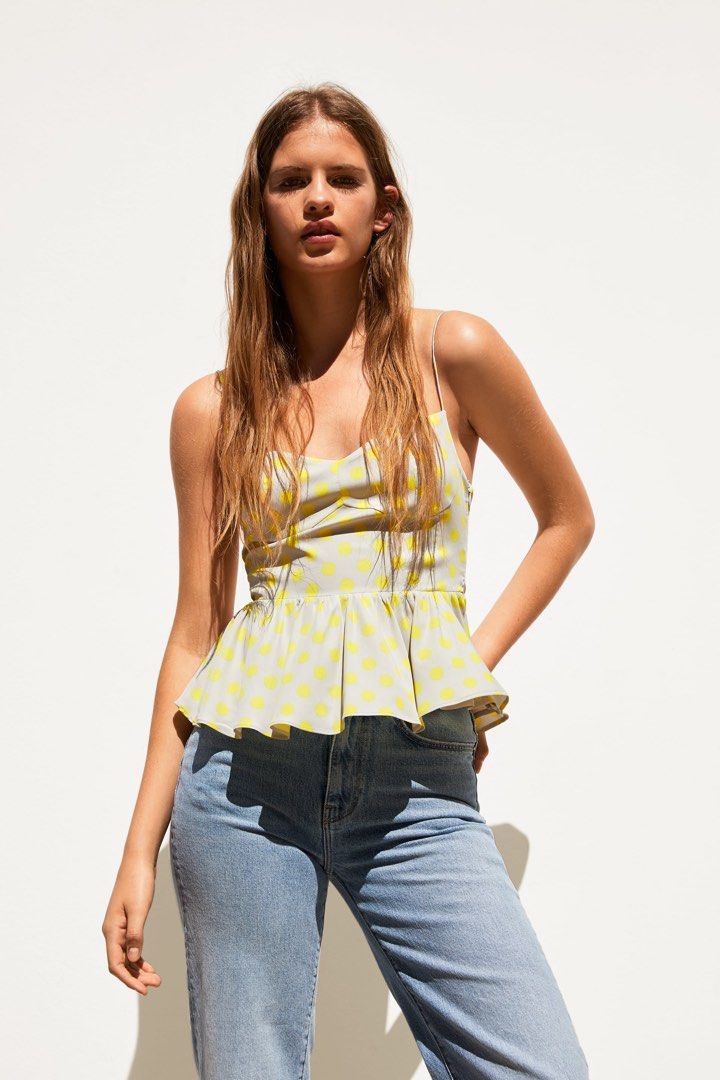 Zara spaghetti top satin material in grey with yellow polka dots Women s Fashion Tops Sleeveless on Carousell