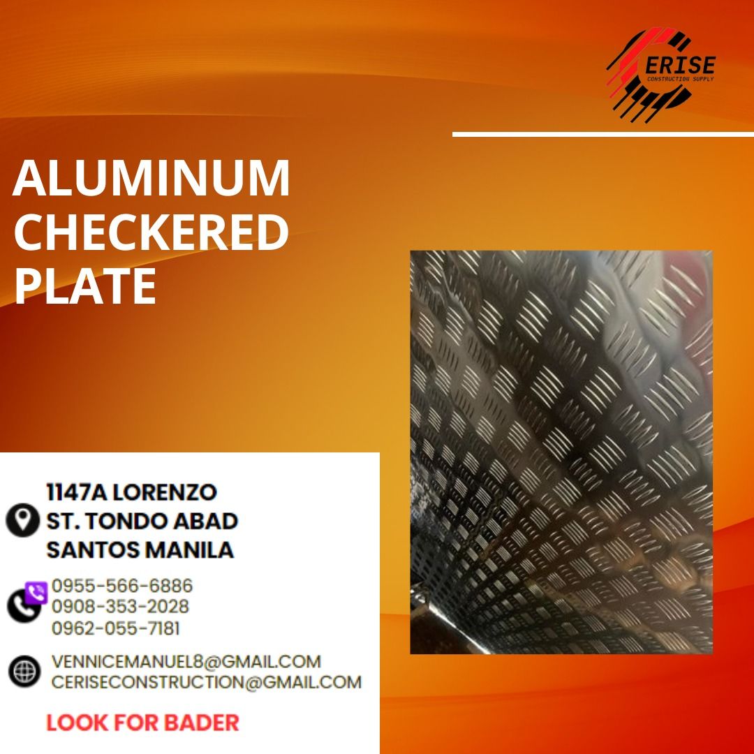 ALUMINUM CHECKERED PLATE (Category: Construction & Building Materials) located in Manila. Submitted by vlmhardwarevennice (Listing ID 1313111087, Image 1). Description: PM FOR FASTER TRANSACTION! Office location: Abad Santos, Tondo, Manila. Prices are subject to change without notice. #CeriseConstructionSupply.