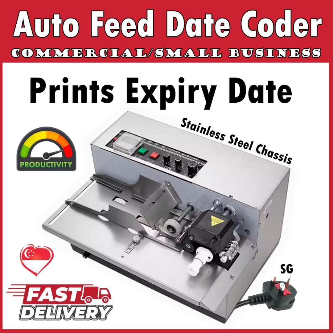 Auto Feeder Solid Ink Date Coding Machine Date Code Lot number Printing Machine (Category: Office & Business Technology) located in Singapore. Submitted by royceinnovations (Listing ID 1313057637, Image 2). Description: Brand New item, Fast shipping from local stock Stainless steel chassis - Premium model (not painted) Used for printing expiring dates and lot/batch number on paper bags, plastic bags, paper cards etc. Features -Automatic feed, aut