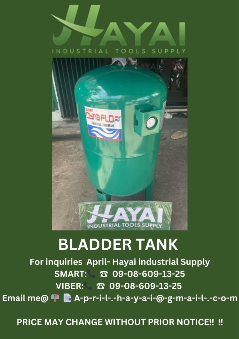 Bladder tank (Category: Construction Tools & Equipment) located in Caloocan City. Submitted by aprilv96843328 (Listing ID 1313080687, Image 1). Description: Bladder tank Specs: 150 liters PRICE: 17,200 For inquiries April- Hayai industrial Supply 📞 ☎ 0-9-0-8-6-0-9-1-3-2-5 Email me@ 📫 📑 A-p-r-i-l-.-h-a-y-a-i-@-g-m-a-i-l-.-c-o-m PRICE MAY CHANGE WITHOUT PRIOR NOTICE!!! .