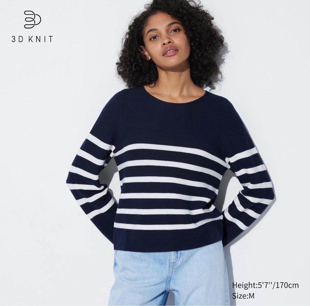 BRAND NEW Uniqlo 3D knit cotton striped crew neck long sleeve sweater