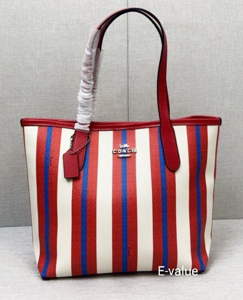 Coach Original Red Blue Stripe Print Small Large City Tote Shoulder Bag For Women Come with Complete set Suitable For Gift Size 22cm Small RM 350