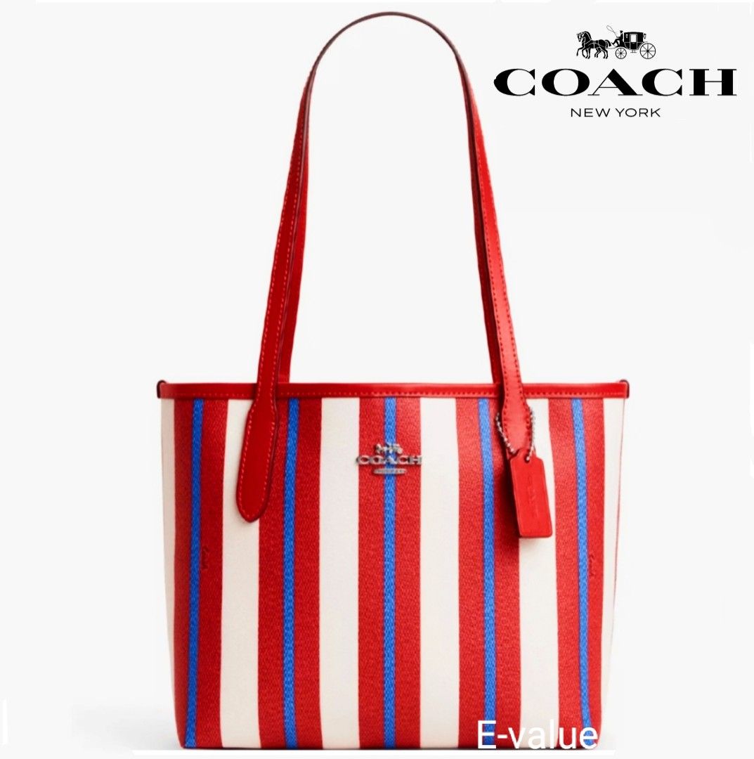 Coach Original Red Blue Stripe Print Small Large City Tote Shoulder Bag For Women Come with Complete set Suitable For Gift Size 22cm Small RM 350
