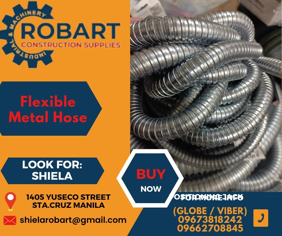 Flexible Metal Hose (Category: Construction Tools & Equipment) located in Caloocan City. Submitted by shielaroba44709 (Listing ID 1313061675, Image 1). Description: Flexible Metal Hose Size: 1 1/2 SEND US MESSAGE FOR INQUIRIES ‼️‼️ Call: 09673818242 / 09662708845 Landline: 8636-3005 / 7746-6248 / 7002-2872 Look For: Shiela Robart Email: shielarobart@gmail. com robartconstructionsupplies@gmail. com 🔵100% Trusted Supplier 🔵Competitive Price 🔵𝑾�