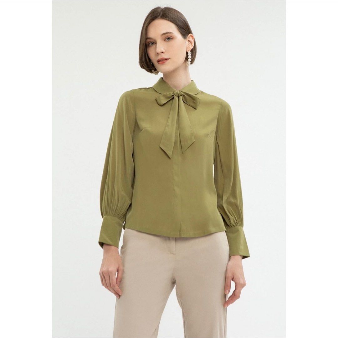 Green silk blouse minimal, Fesyen Wanita, Pakaian Wanita, Atasan