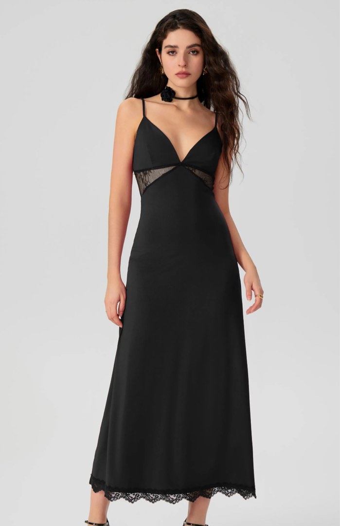 V Neck Backless Satin Lace Trim Waisted Midi Dress
