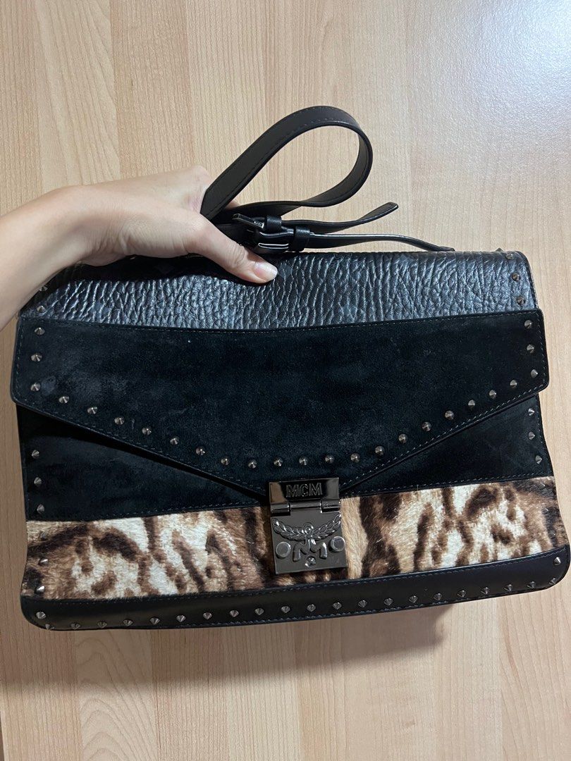 MCM Visetos Leopard Studded Patricia Purse Bag