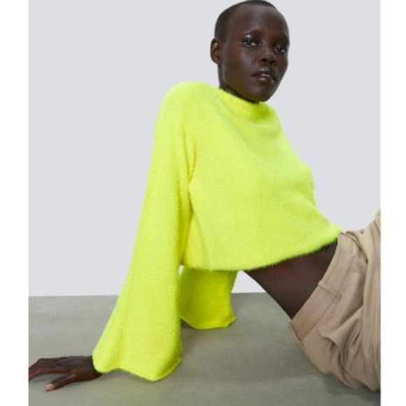 NEW Zara Fuzzy neon Crop Sweater Bell sleeves M Women s Fashion Tops Longsleeves on Carousell