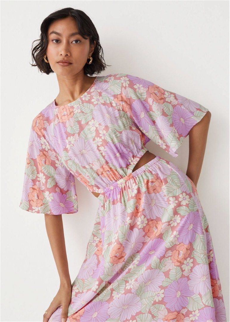 & other stories cut out dress NWT & Other Stories Orange Florals Draped Side Cut-Out Metallic Maxi Dress 4