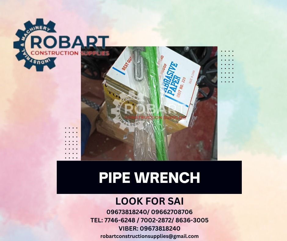 Pipe Wrench (Category: Construction Tools & Equipment) located in Manila. Submitted by robartehm (Listing ID 1313086526, Image 1). Description: Pipe Wrench Brand: HOYOMA Size: 24" ROBART CONSTRUCTION SUPPLIES For inquiries: For FAST TRANSACTION: Sai Robart - 09673818240 / 09662708706 Vbr: Robart Sai - 09673818240 sairobart3@gmail. com Office Address: 1405 Yuseco St. Sta. Cruz Manila 7746-6248, 7216-7605 ,7002-2872, 8-6363005 09351427044 096039478