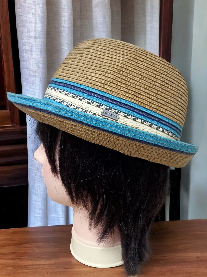 Roxy Beach Wearing Straw Fedora Hat in Blue White Band Natural M L 58 cm Men s Fashion Watches Accessories Caps Hats on Carousell