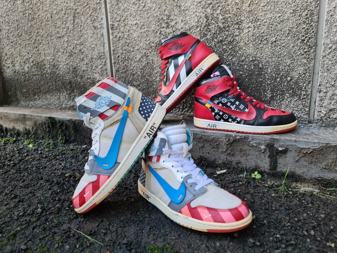 Sepatu Second Thrifting Aj1 Air Jordan 1 High Off White Customs L.V Louis Vuitton Scale Parra Rare Item 2 Pasang Fesyen Pria Sepatu Sneakers di Carousell