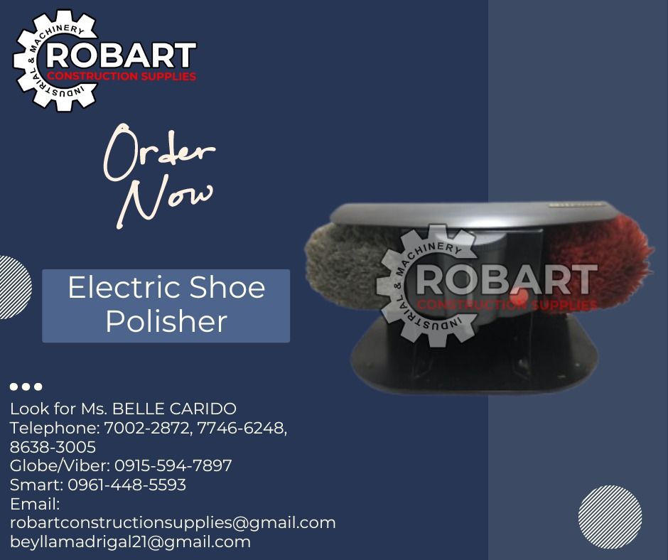 Silroad Electric Shoe Polisher (Category: Construction Tools & Equipment) located in Manila. Submitted by bellarobart (Listing ID 1313066473, Image 1). Description: Silroad Electric Shoe Polisher 𝑹𝑶𝑩𝑨𝑹𝑻 𝑪𝑶𝑵𝑺𝑻𝑹𝑼𝑪𝑻𝑰𝑶𝑵 𝑺𝑼𝑷𝑷𝑳𝑰𝑬𝑺 #RobartConstructionSupplies #robartph #constructionmaterials #industrialsupply Office Address: 1405 Yuseco St. Sta Cruz Manila SEND US MESSAGE FOR INQUIRIES ‼️‼️ 🔵100% Trusted Supplier 🔵Competitive
