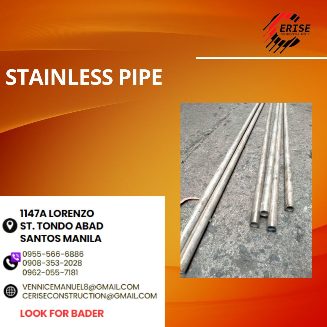 STAINLESS PIPE (Category: Construction & Building Materials) located in Manila. Submitted by vlmhardwarevennice (Listing ID 1313111788, Image 1). Description: PM FOR FASTER TRANSACTION! Office location: Abad Santos, Tondo, Manila. Prices are subject to change without notice. #CeriseConstructionSupply.