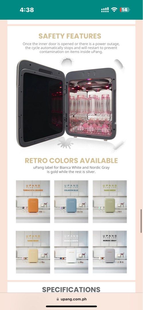 Upang Plus+ LED UV Sterilizer (Bianca White) (Category: Baby Toiletries & Grooming) located in Manila. Submitted by sherotoninmd (Listing ID 1313131482, Image 2). Description: Super steal price! Kindly check item here: https://upang.com.ph/pages/upang-plus-led No issue. 💯 SPECIFICATIONS Dimensions (WxDxH): Outer 32cm x 40cm x 45cm Capacity: Average 16-25 bottles + accessories Sterilization: 6 + 3 UV-LED Lamps (6 rotating on top, 3 fixed on body)