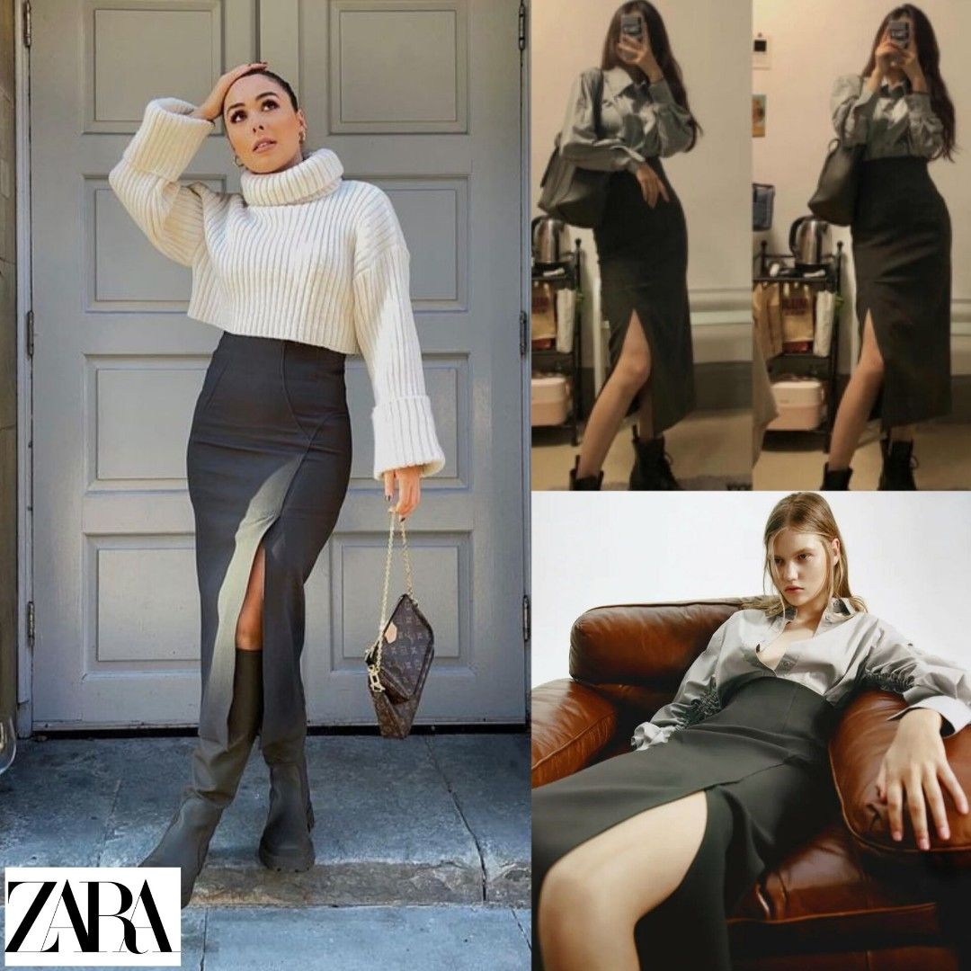 ZARA] Long Skirt Front Slit Bodycon Grey Green Rok Span