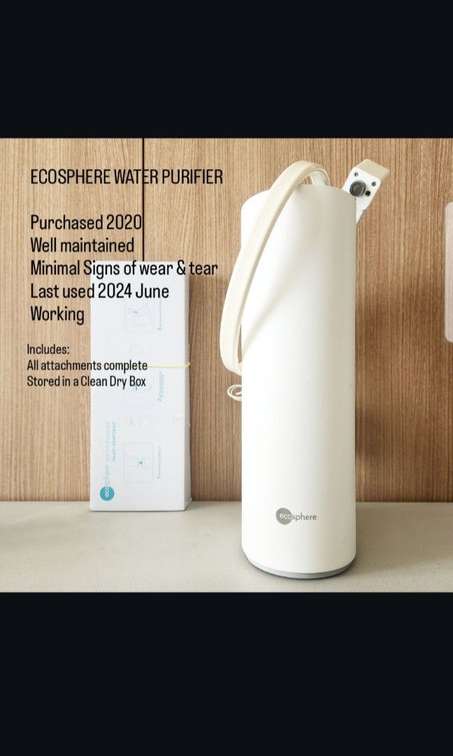 ECOSPHERE WATER PURIFIER (Category: Other Home Appliances) located in San Juan City. Submitted by cafebee (Listing ID 1313299165, Image 1). Description: ECOSPHERE WATER PURIFIER Purchased 2020 Well maintained Signs of wear and tear ( Minimal) Last used 2024 June No Issues- Working Not Included: New Filter Original Box Includes: All attachments complete Stored in a Clean Dry Box Other Details: Small crack at the cover - does not affect filtration.