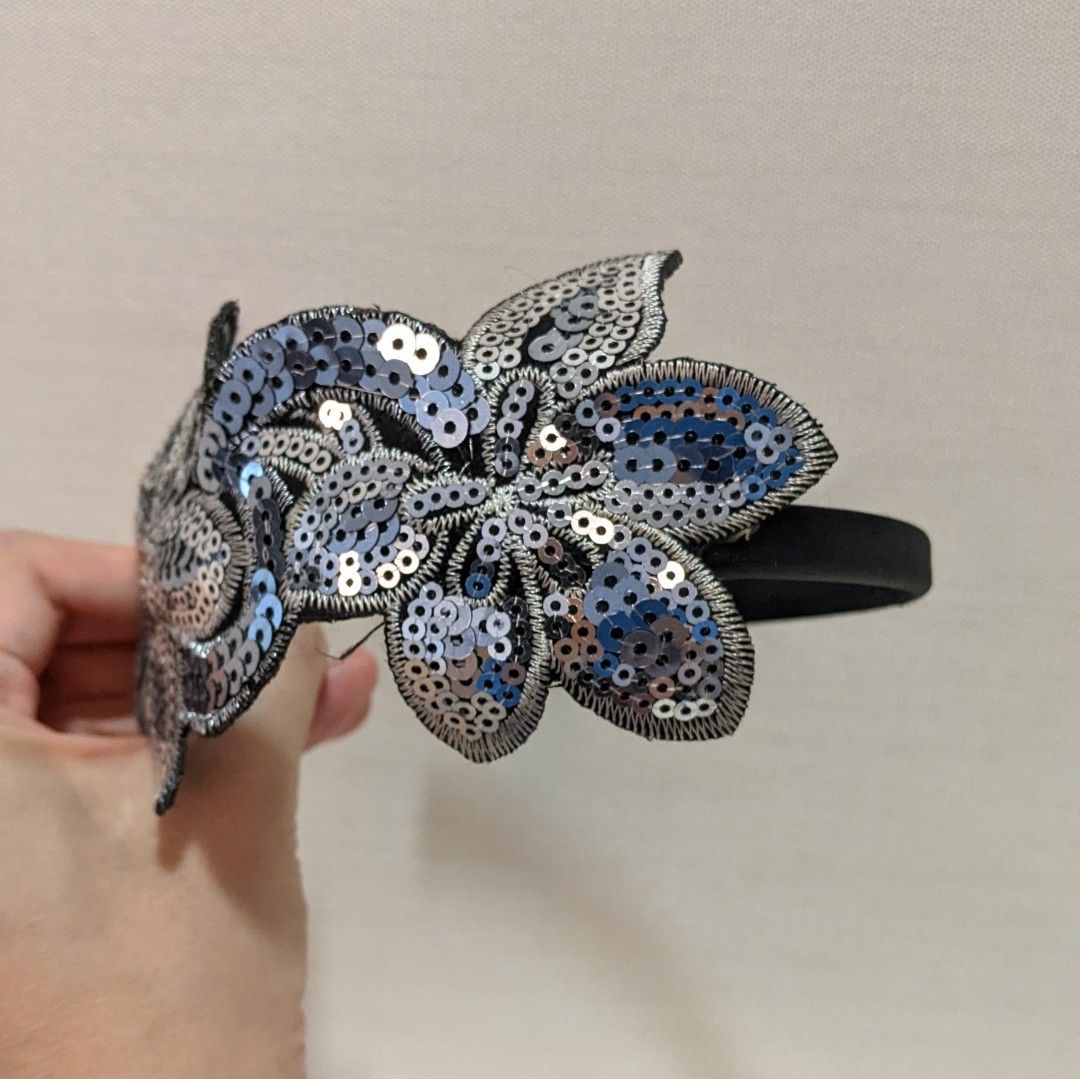 Floral-pattern sequined headband (Category: Hair Accessories) located in Mandaluyong City. Submitted by clf97 (Listing ID 1313321157, Image 2). Description: Flapper-style headband with silver sequins in floral pattern. Great for themed parties. Adult size. (Some photos show bluish sequins because I was wearing a blue top when taking photos).