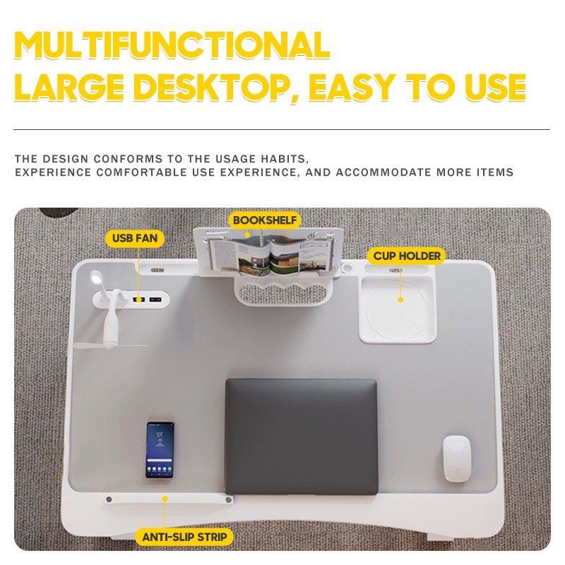 Foldable laptop desk (Category: Office Furniture & Fixtures) located in Cainta. Submitted by klach (Listing ID 1313319656, Image 2). Description: Product size: 60*40*(27-36)cm feature: 5 levels of height adjustment 4 when angle adjustment Comes with USB fan and small lamp lighting Foldable and easy to store ✅ Never used, just stored ✅ First to pay will get the item ✅ No Return No Exchange ✅ Mode of payment: Gcash 🛵📦 Lalamove ☑️ Shipping to be s