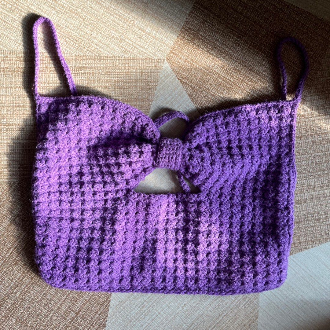 Handmade Ribbon-top Crochet (Category: Sleeveless) located in Dinalupihan. Submitted by 6ickomode (Listing ID 1313315925, Image 1). Description: Handmade by me! size small cup 32A LAST PRICE helping tags: shein zara bershka purple self tie backless top.