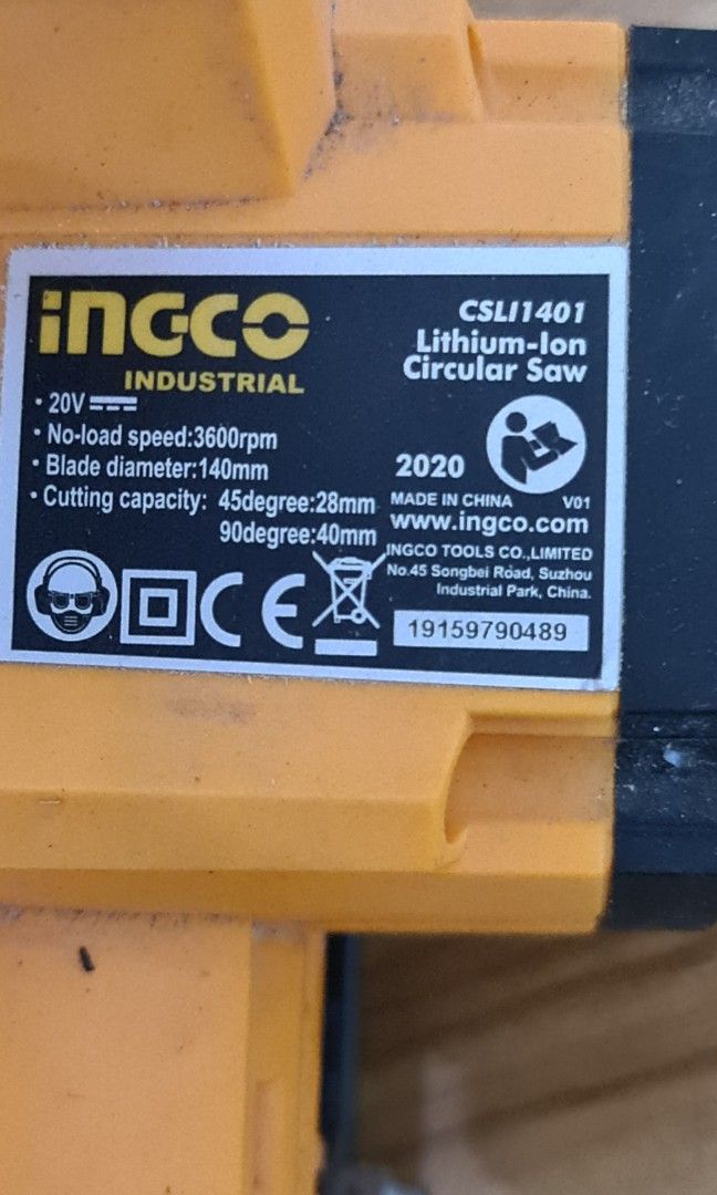 INGCO Cordless circular saw 20V P20s (Category: Construction Tools & Equipment) located in Cavite. Submitted by jules9090 (Listing ID 1313365417, Image 2). Description: Model: CSLI1401 P20s No box No battety Unit only Works well Barely used Price is fixed and firm P2,750 For pick up. Test all you want b4 you pay.