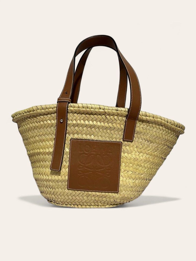 LOEWE BASKET BAG IN PALM LEAF AND CALFSKIN, Luxury, Bags