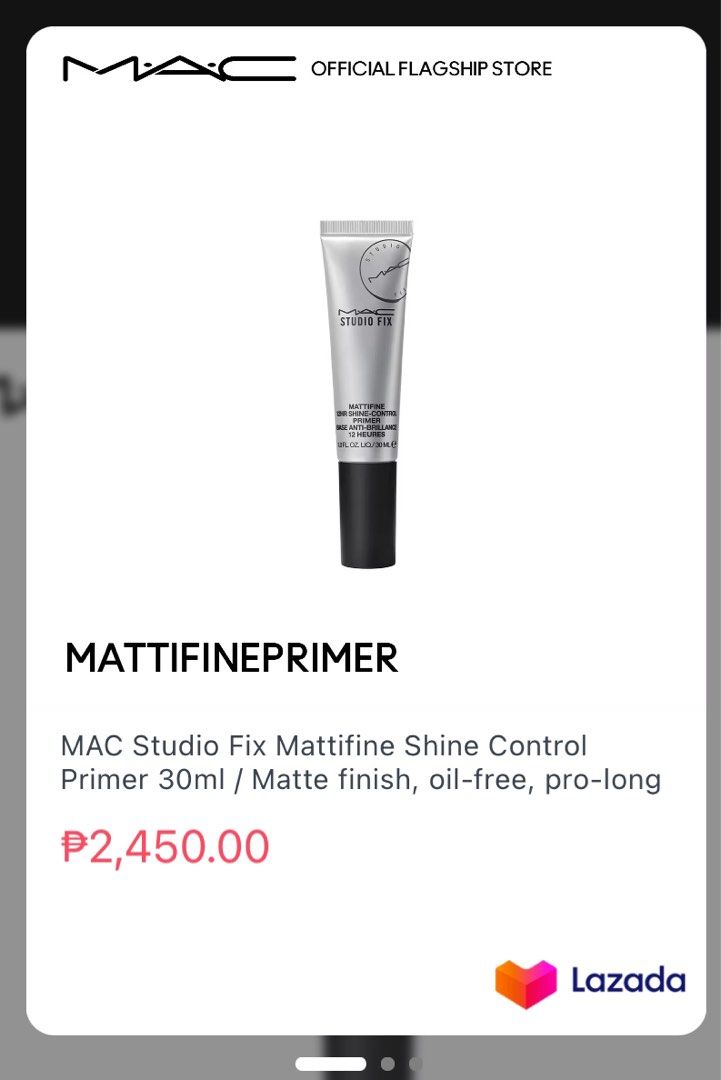 MAC STUDIO FIX MATTIFINE PRIMER (Category: Makeup) located in Manila. Submitted by ammakeup (Listing ID 1313379175, Image 2). Description: GET ONLY FOR 1700 (SRP IS 2,450)💋 Highlights • Type: Makeup Primer • Fomat: Full Size Makeup Primer, 30ml • A mattifying primer that delivers an all-day reduction in the appearance of pores, controls oil and shine, and promises an improvement in skin texture for up to six hours. Description The ultimate sidek