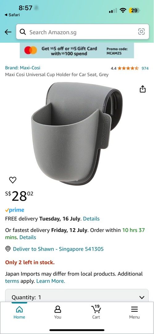 Maxi Cosi Universal Cup Holder for Car Seat pocket Grey