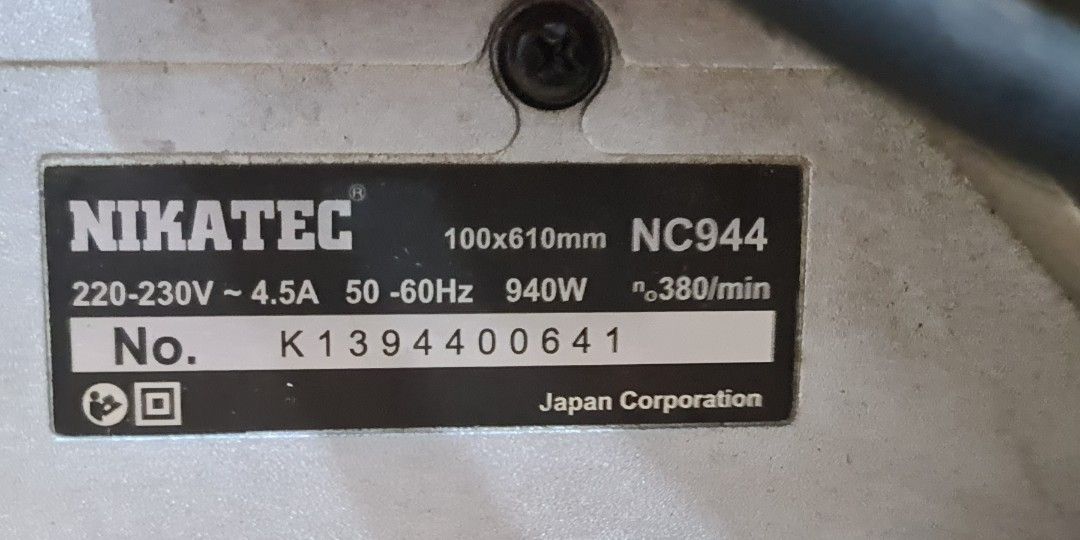 Nikatec Belt sander heavy duty (Category: Construction Tools & Equipment) located in Cavite. Submitted by jules9090 (Listing ID 1313327849, Image 2). Description: Heavy type (7kg) belt sander 220v 50hz/60hz 940w 380rpm with dust bag belt size: 100X610mm No issue Fixed price 2.5k test b4 you pay for pick up.