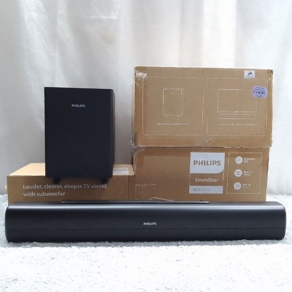 Philips Soundbar Speaker TAB4308 (Category: Soundbars, Speakers & Amplifiers) located in Paranaque City. Submitted by ivy69425 (Listing ID 1313276217, Image 1). Description: Brand: Philips Model: TAB4308 Condition: New/Working With Box Voltage: 220V Power LED indicator: Yes Subwoofer Power Consumption: 30W Main Unit Power Supply 100-240V AC, 50/60 Hz Subwoofer Power Supply: 100-240V AC, 50/60 Hz Subwoofer Standby Power: 2 W Main Unit Standby Powe