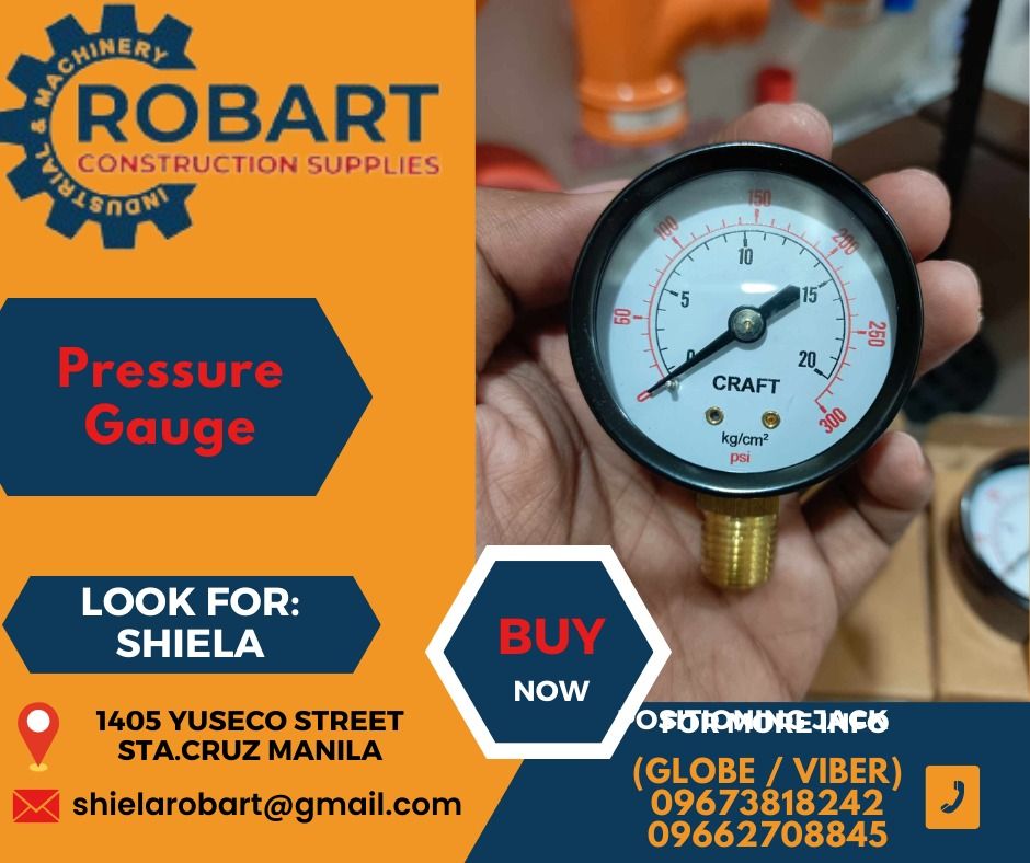 Pressure Gauge (Category: Construction Tools & Equipment) located in Caloocan City. Submitted by shielaroba44709 (Listing ID 1313312751, Image 1). Description: Pressure Gauge Black Casing 1/4 NPT 2" Dial Face 0-300PSI SEND US MESSAGE FOR INQUIRIES ‼️‼️ Call: 09673818242 / 09662708845 Landline: 8636-3005 / 7746-6248 / 7002-2872 Look For: Shiela Robart Email: shielarobart@gmail. com robartconstructionsupplies@gmail. com 🔵100% Trusted Supplier 🔵Co