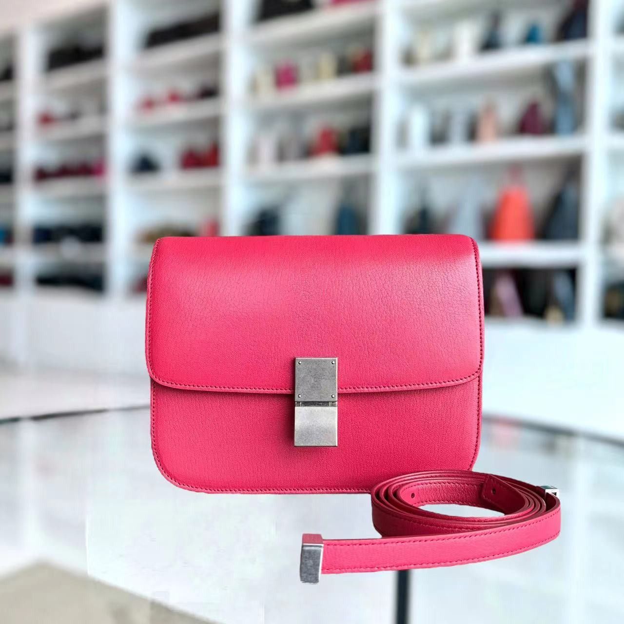 Ready Stock Celine Box Medium Grained Calfskin Hot Pink Silver Hardware Luxury Bags Wallets on Carousell